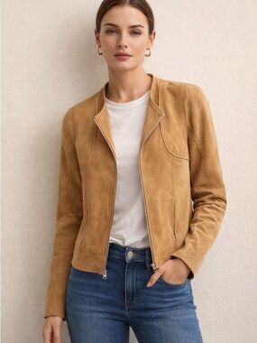 Hive & Honey Tan Faux Suede Moto Jacket Perforated Sleeve Medium